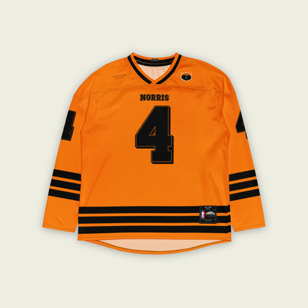 a Papaya Orange Hockey Jersey with the text "Norris" on the back and front in black. With Lando Norris's F1 Racing number 4 on the back and front