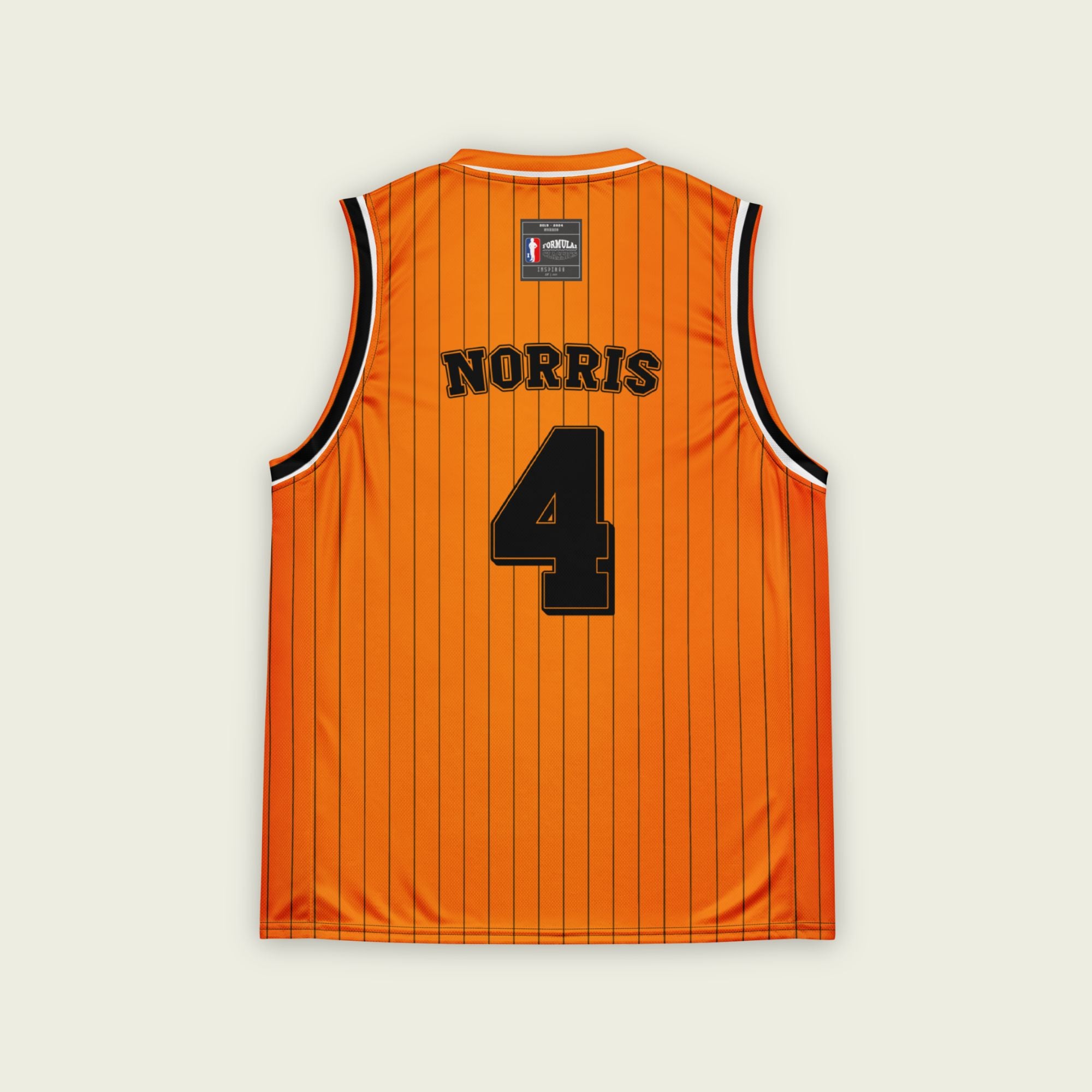 A black and papaya orange pin striped basketball Jersey with Lando Norris's McLaren F1 racing number 4 in orange on the front and back.