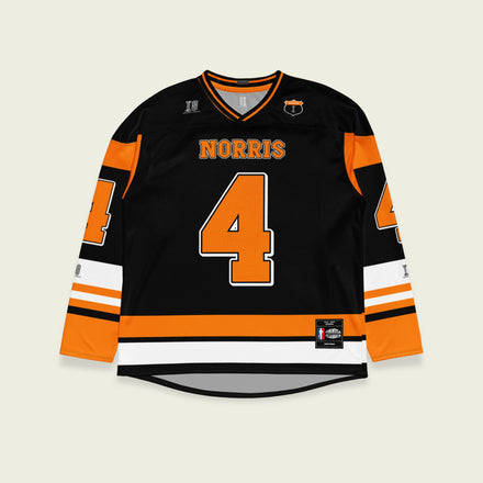 A black hockey jersey with Lando Norris mclaren F1 racing number 4 on the front and back in papaya orange, also the name norris is on the back and front in orange