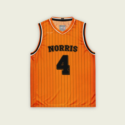 A black and papaya orange pin striped basketball Jersey with Lando Norris's McLaren F1 racing number 4 in orange on the front and back.