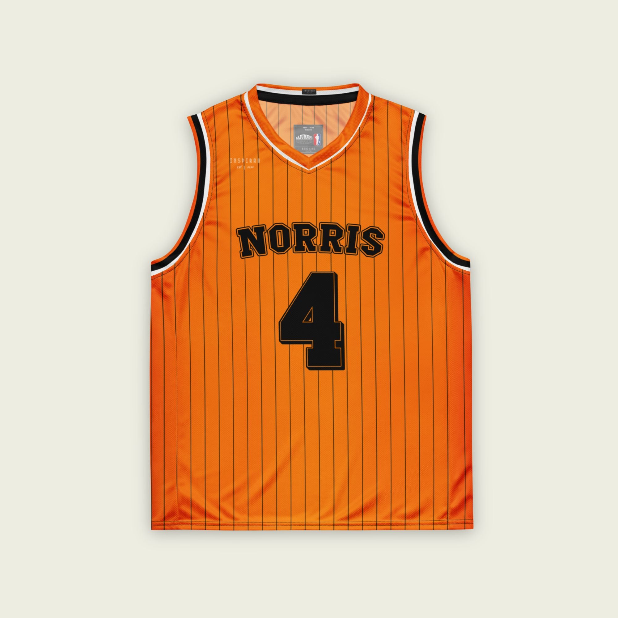 A black and papaya orange pin striped basketball Jersey with Lando Norris's McLaren F1 racing number 4 in orange on the front and back.