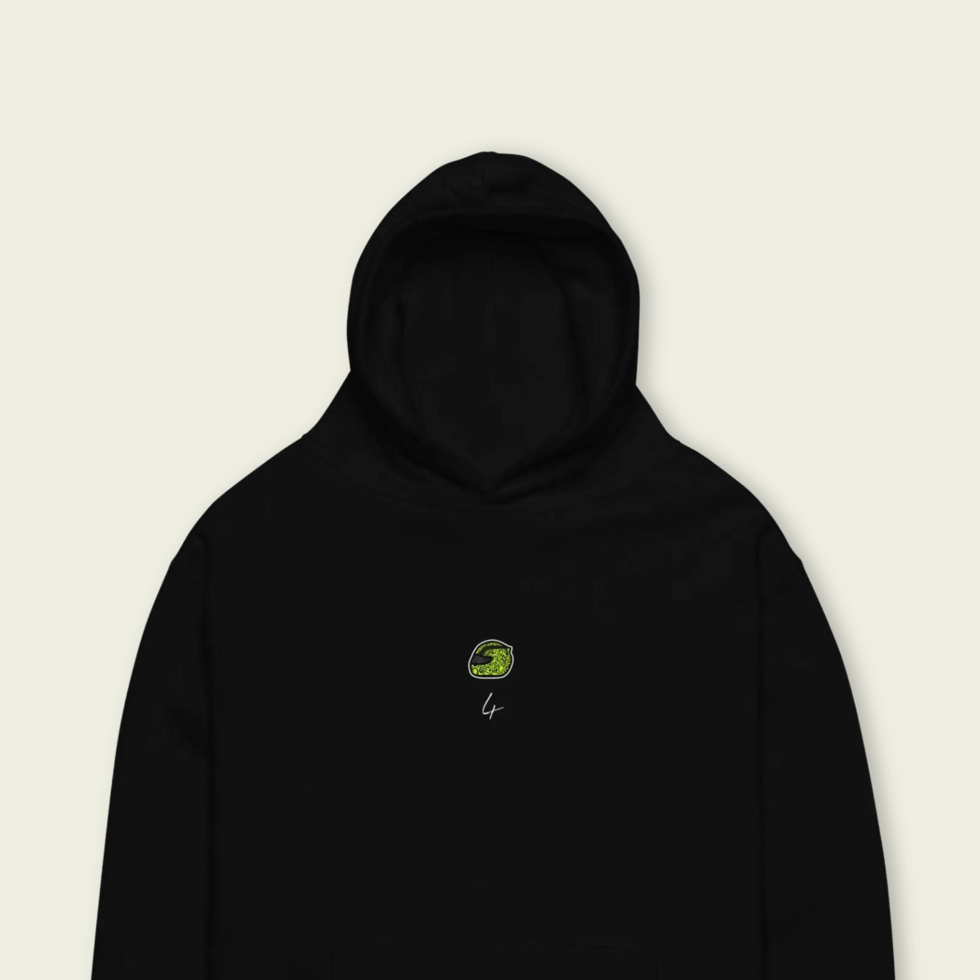 A black oversized hoodie with  white text Lando on the front  and lando norris's neon green helmut on the front.