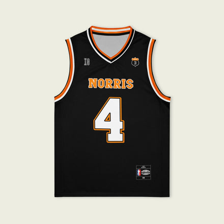 A black and papaya orange basketball Jersey with Lando Norris's McLaren F1 racing number 4 in orange and white on the front and back.