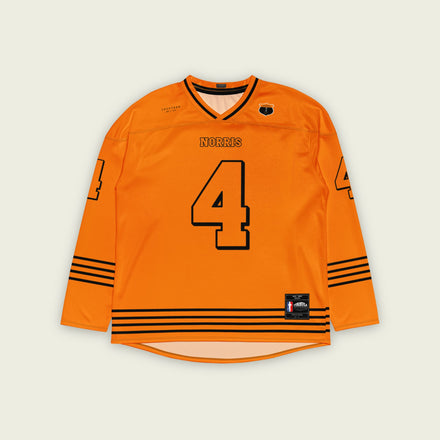 A black and papaya orange hockey jersey with orange stripes at the bottom, and Lando Norris's F1 racing number 4 on the front and back.