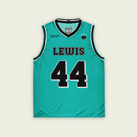 A green basketball jersey with Lewis Hamilton's Mercedes F1 racing number on the front and back on the black.