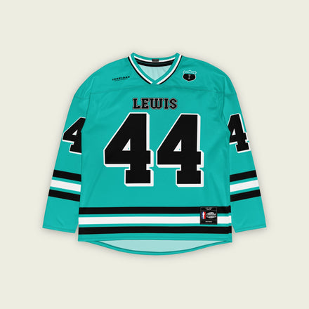 A turquoise green hockey jersey with a black number 44 of lewis hamilton's f1 racing number in black on the front and back.