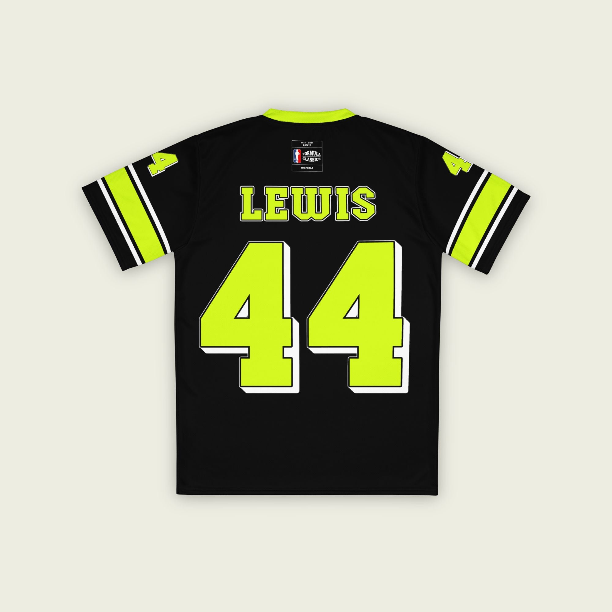A black and highlight yellow football jersey with Lewis Hamilton F1 racing number 44 on the front and back in yellow. It has the name lewis on the front and back.