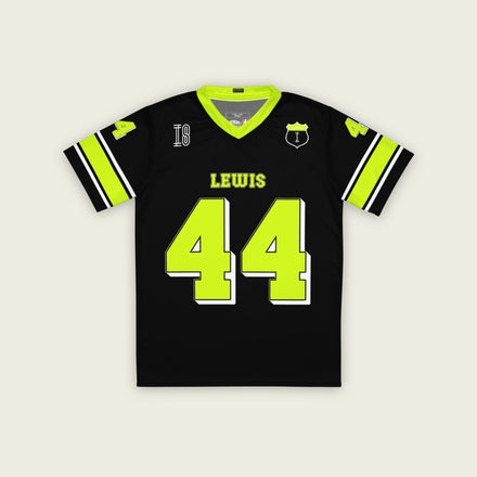 A black and highlight yellow football jersey with Lewis Hamilton F1 racing number 44 on the front and back in yellow. It has the name lewis on the front and back.