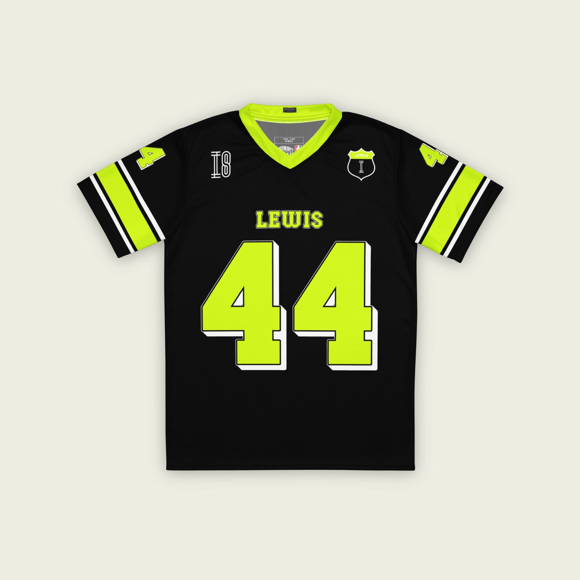 A black and highlight yellow football jersey with Lewis Hamilton F1 racing number 44 on the front and back in yellow. It has the name lewis on the front and back.