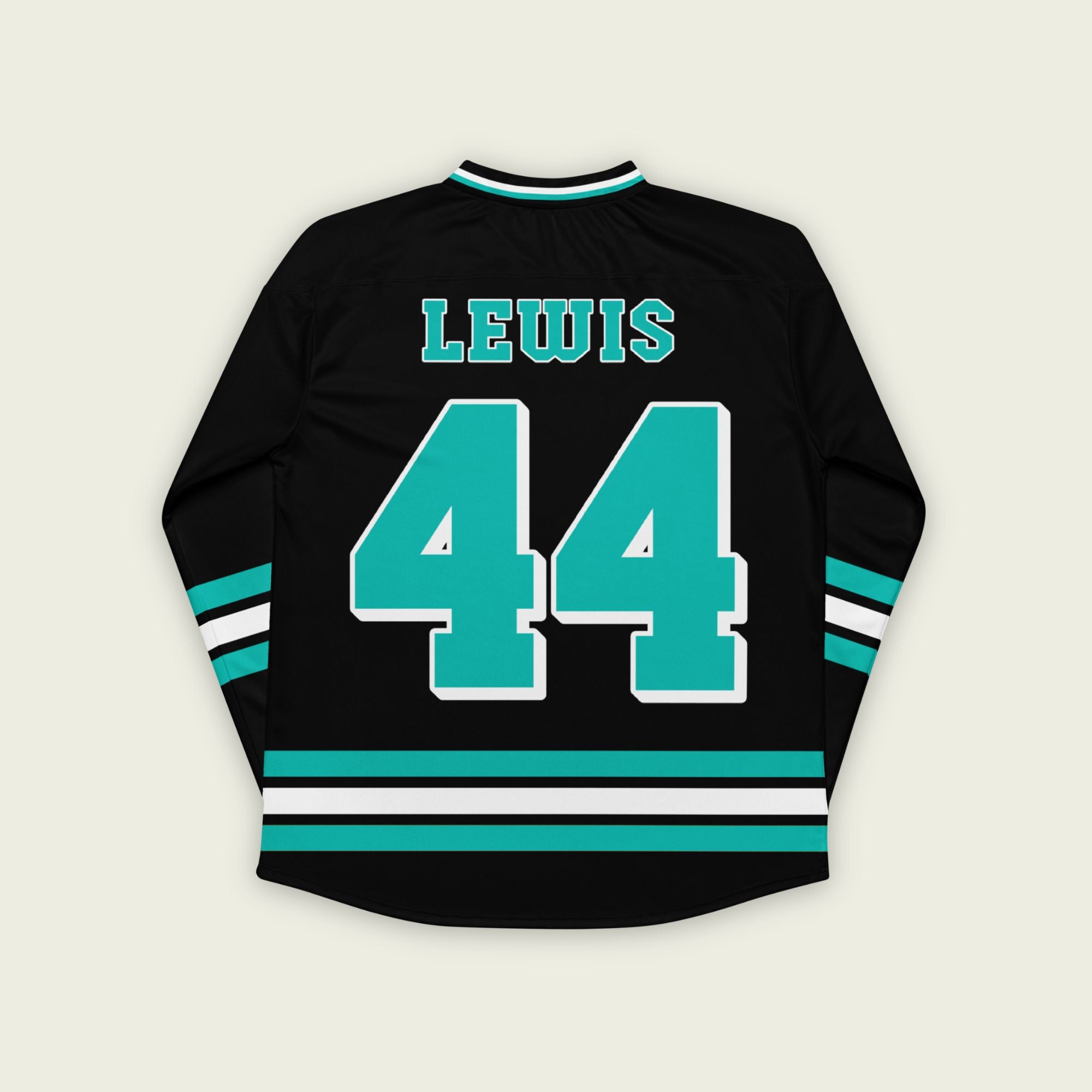 A black hockey jersey with three stipes on the bottom the middle one is white and the bottom and top are highligh blue / green. It has the number 44 that Lewis Hamilton races with in F1 that is filled with highlight blue/green and a white outline, it is displayed on the back and front. Also there is text on the front and back