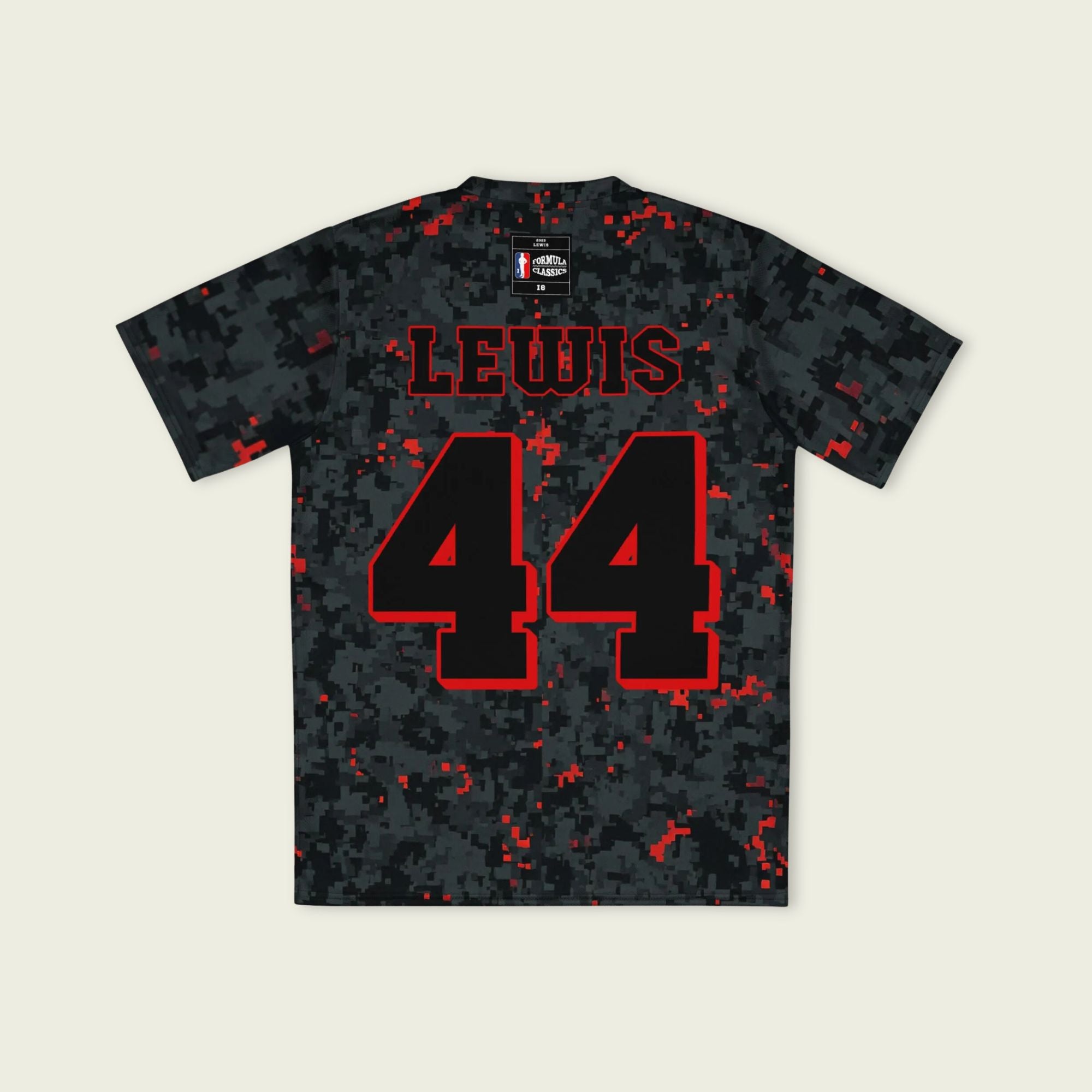 A camoflauge ferrari red and black digital camo styled football jersey with  Lewis Hamilton's Ferrari  F1 Racing number 44 on the front and back.