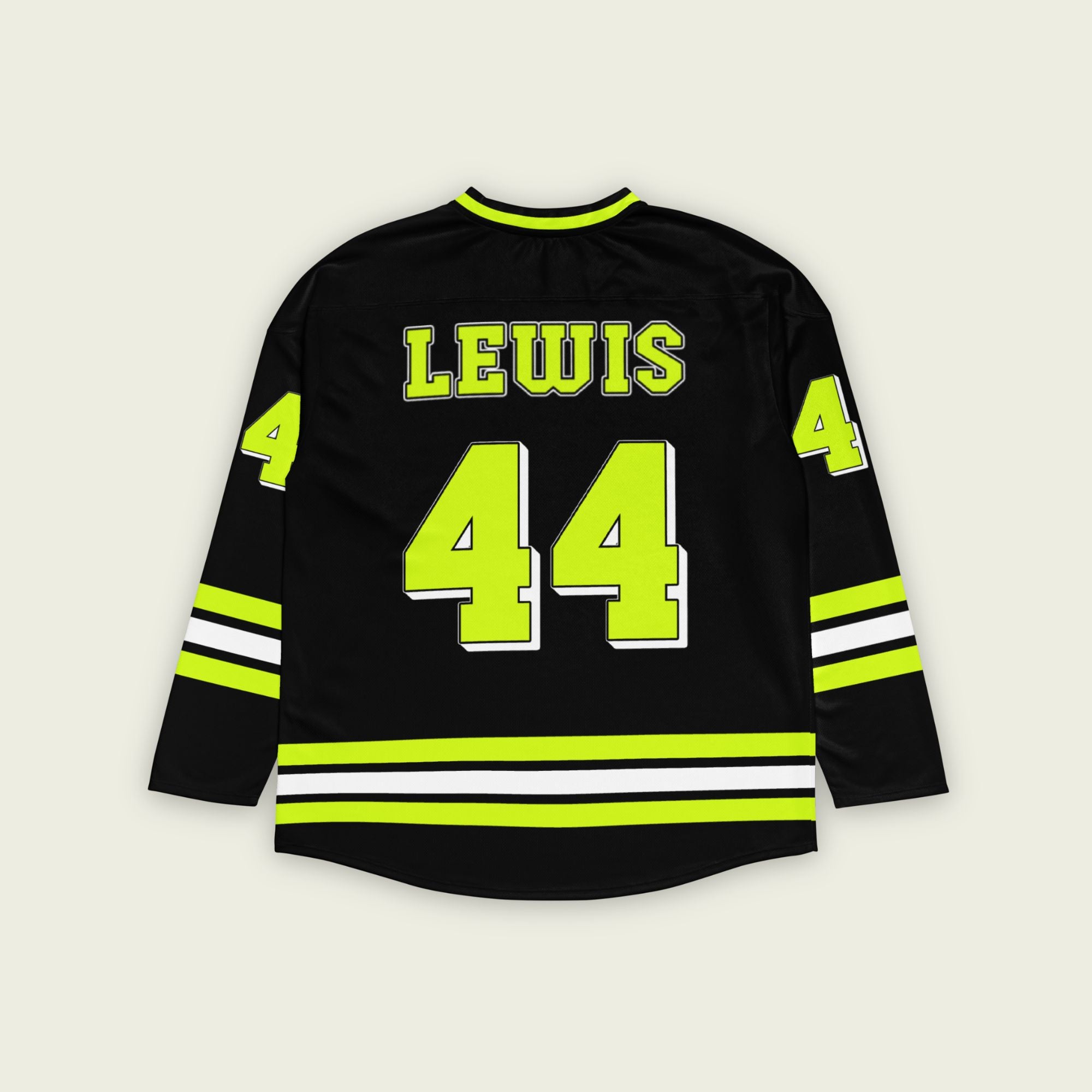 A black hockey jersey with three stipes on the bottom the middle one is white and the bottom and top are highligh Lh44 yellow. It has the number 44 that Lewis Hamilton races with in F1 that is filled with highlight yellow and a white outline, it is displayed on the back and front. Also there is text on the front and back