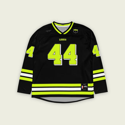 A black hockey jersey with three stipes on the bottom the middle one is white and the bottom and top are highligh Lh44 yellow. It has the number 44 that Lewis Hamilton races with in F1 that is filled with highlight yellow and a white outline, it is displayed on the back and front. Also there is text on the front and back "Lewis"