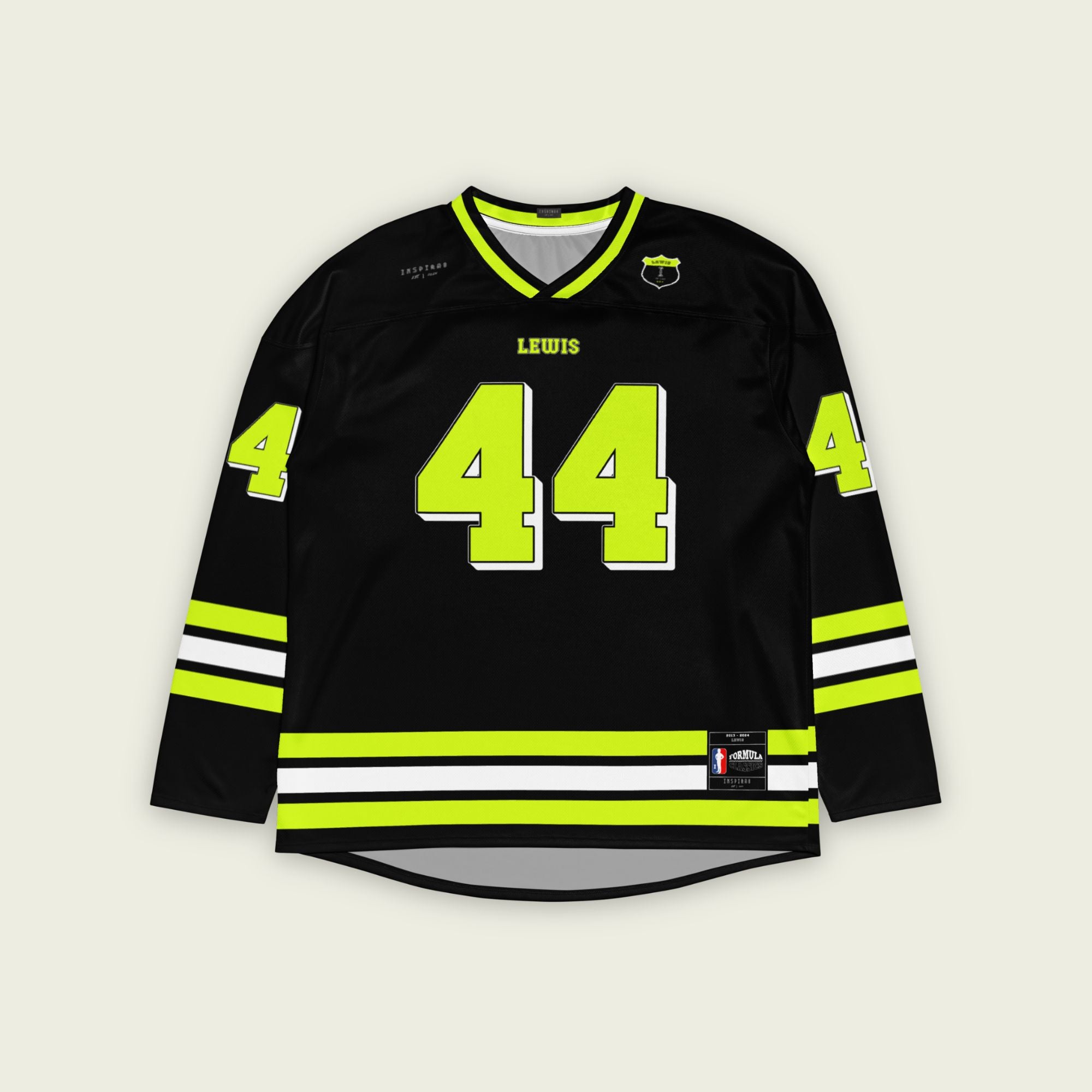 A black hockey jersey with three stipes on the bottom the middle one is white and the bottom and top are highligh Lh44 yellow. It has the number 44 that Lewis Hamilton races with in F1 that is filled with highlight yellow and a white outline, it is displayed on the back and front. Also there is text on the front and back