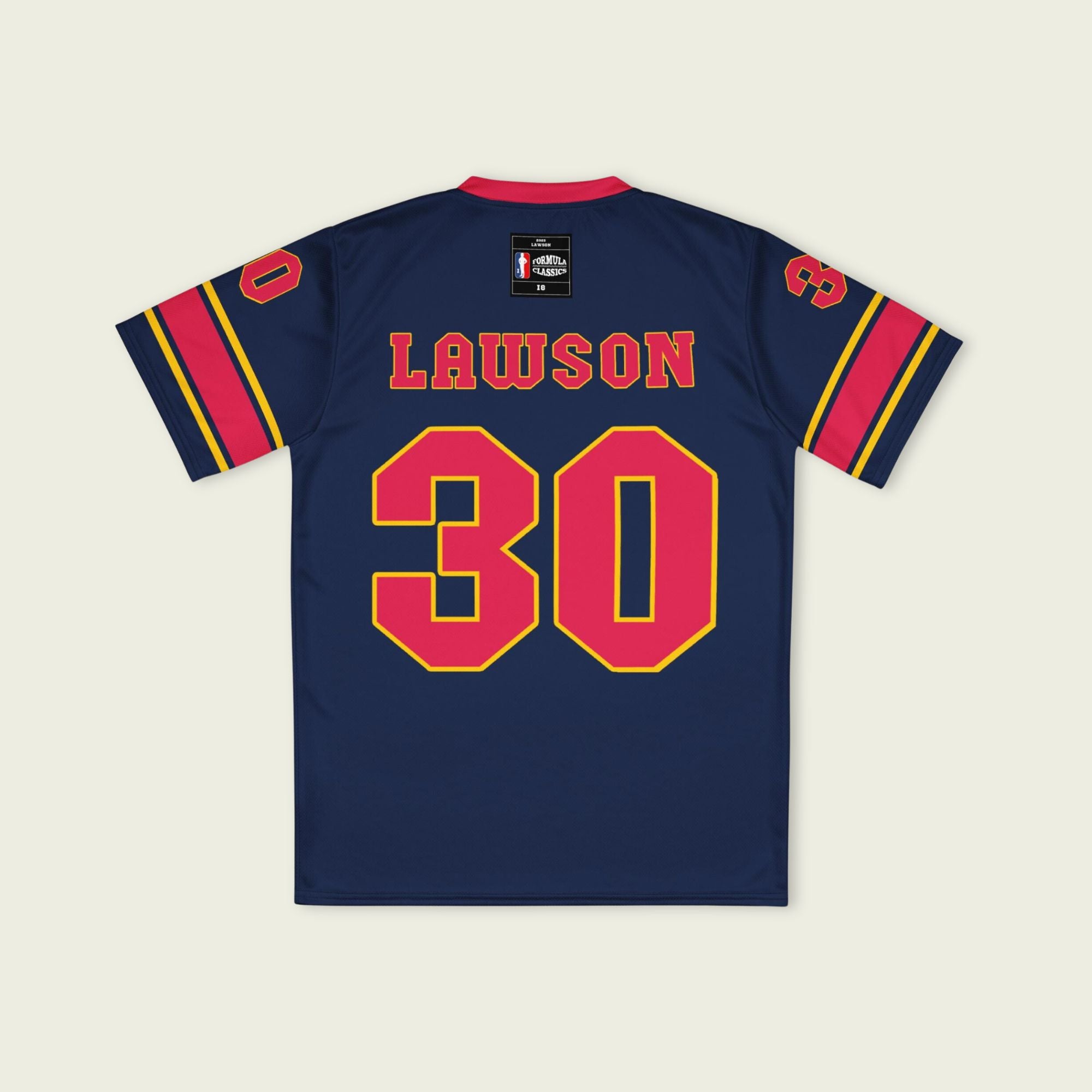 A navy blue football jersey with Liam Lawson Redbull F1 Racing number 30 on the front and back.
