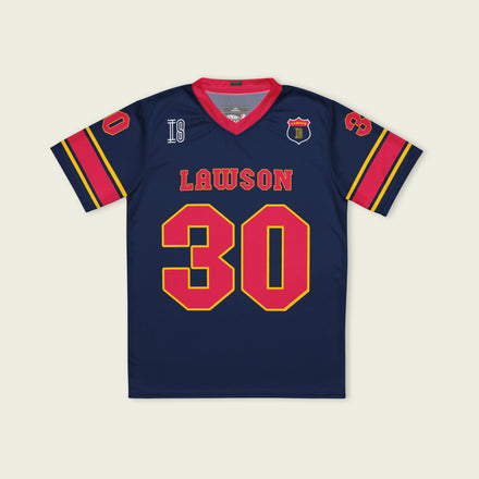 A navy blue football jersey with Liam Lawson Redbull F1 Racing number 30 on the front and back.
