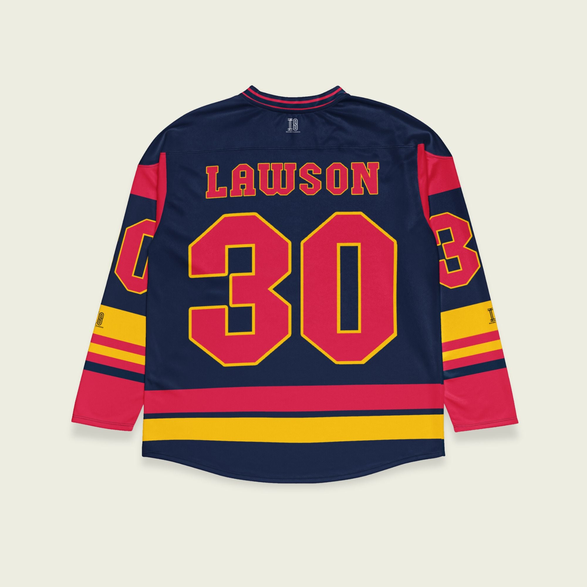 A navy blue, yellow, and red  hockey jersey with Liam Lawson's Redbull  F1 racing number 30 on the front and back in red, also the name Lawson is on the back and front in Red.