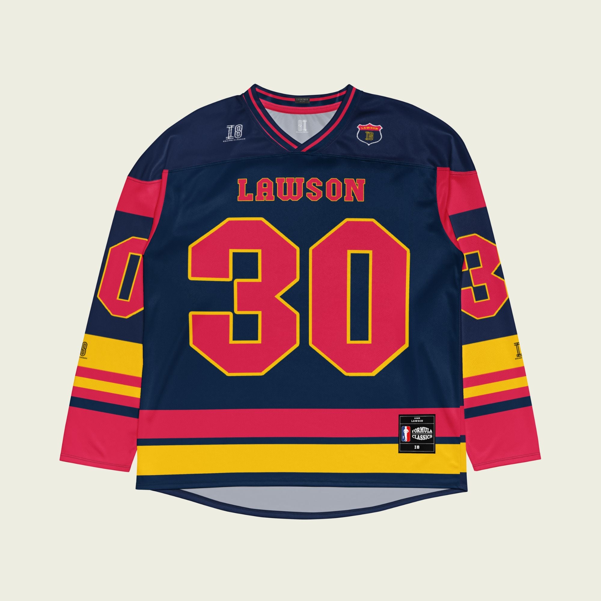 A navy blue, yellow, and red  hockey jersey with Liam Lawson's Redbull  F1 racing number 30 on the front and back in red, also the name Lawson is on the back and front in Red.