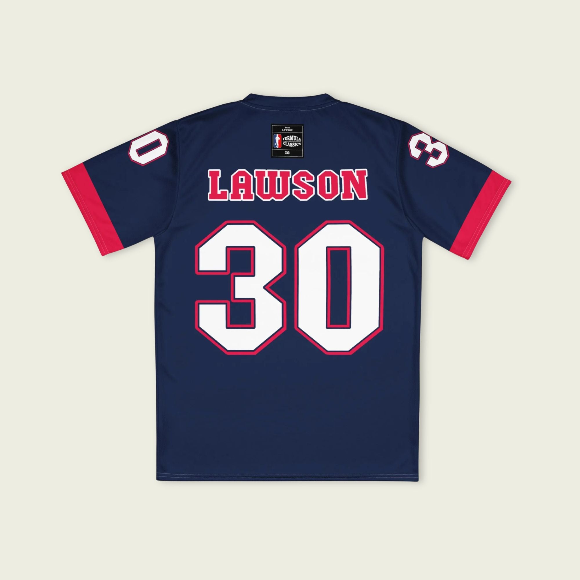 A navy blue and red football jersey with Liam Lawson's Redbull  F1 racing number 30 on the back and front in white. It has the name Lawson in white on the front and back as well.