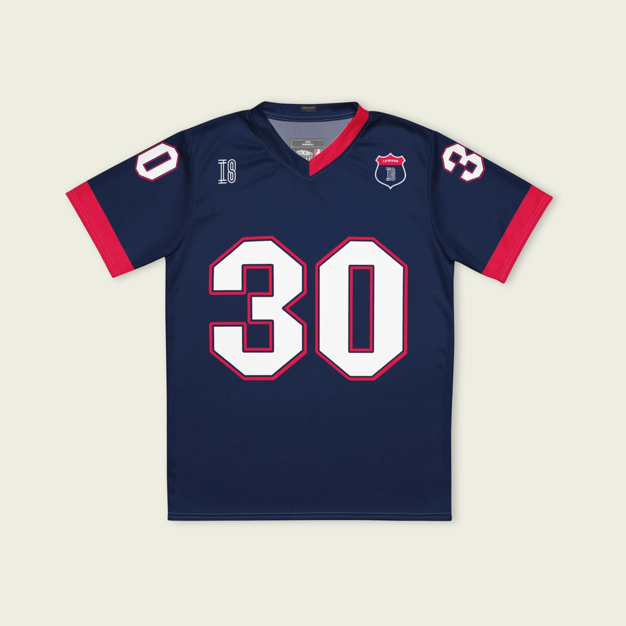 A navy blue and red football jersey with Liam Lawson's Redbull  F1 racing number 30 on the back and front in white. It has the name Lawson in white on the front and back as well.