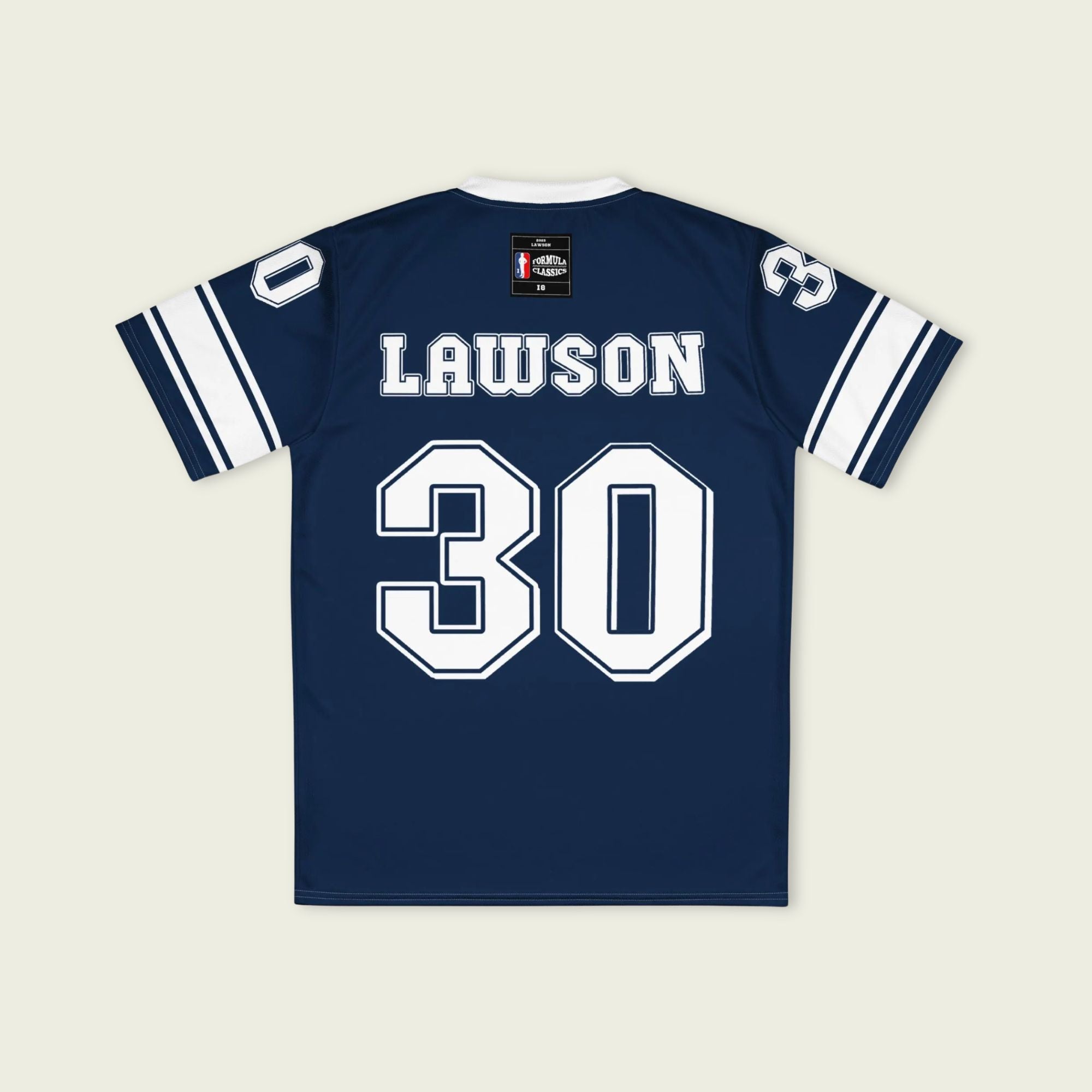 A navy blue and red football jersey with Liam Lawson's Redbull  F1 racing number 30 on the back and front in white. It has the name Lawson in white on the front and back as well.