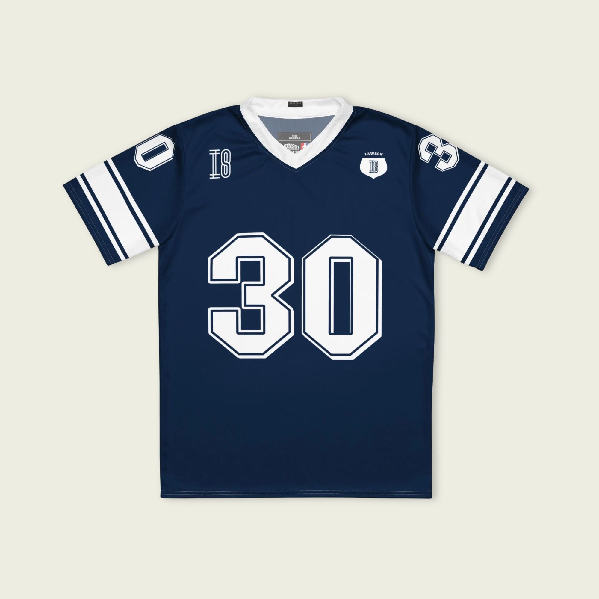 A navy blue and red football jersey with Liam Lawson's Redbull  F1 racing number 30 on the back and front in white. It has the name Lawson in white on the front and back as well.