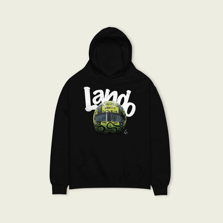 A black oversized hoodie with  white text Lando on the front  and lando norris's neon green helmut on the front.