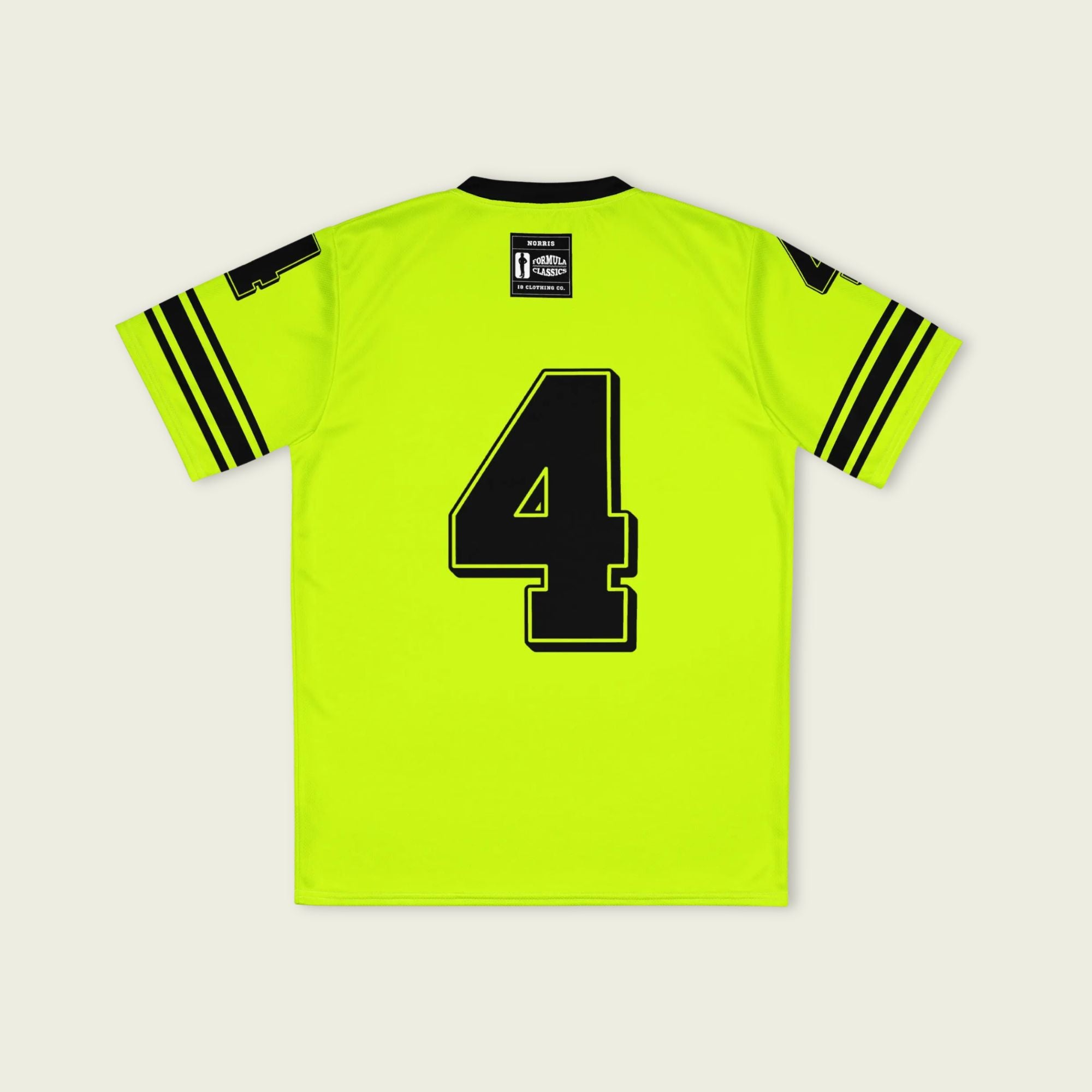 A neon green and black football jersey with Lando Norris's McLaren F1 racing number 4 on the back and front in black. It has the name Norris in black on the front and back as well.