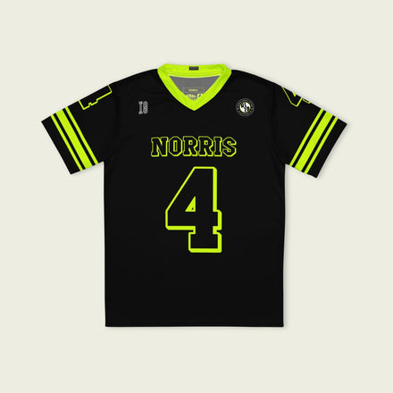A neon green and black football jersey with Lando Norris's McLaren F1 racing number 4 on the back and front in black. It has the name Norris in black on the front and back as well.