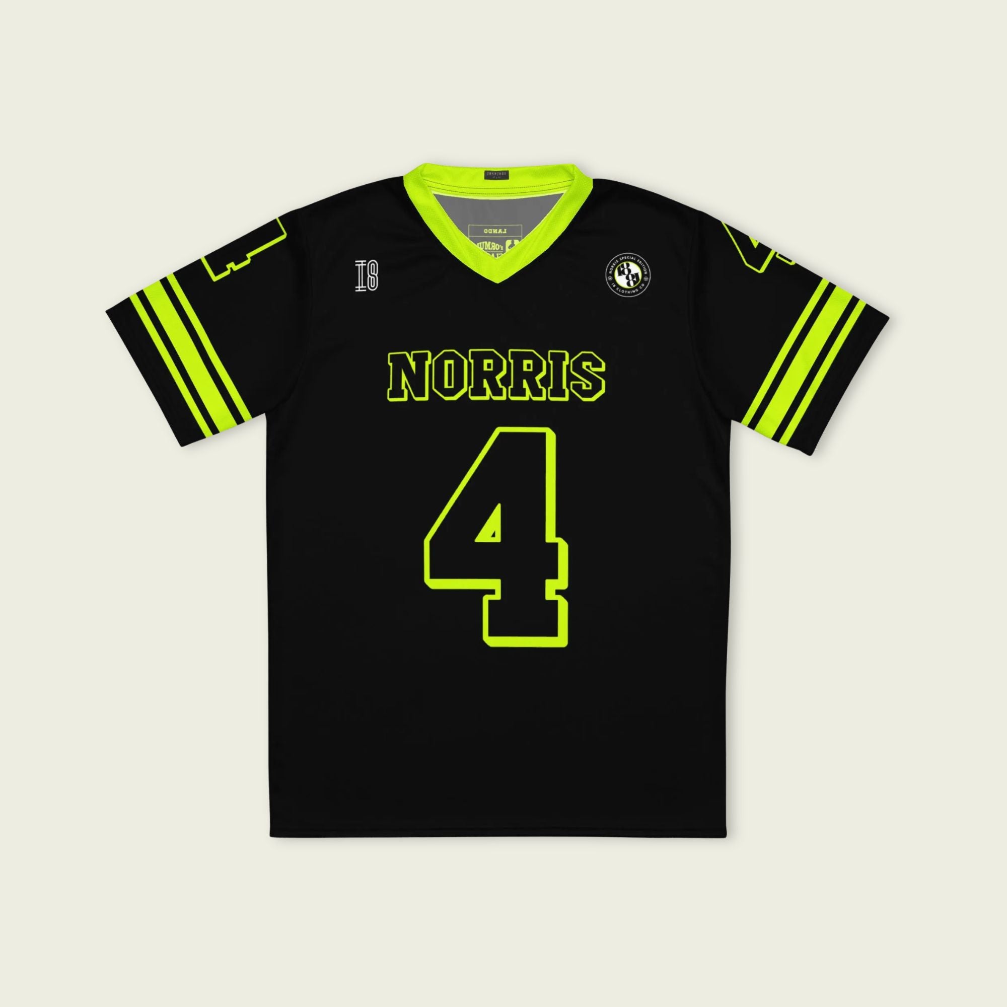 A neon green and black football jersey with Lando Norris's McLaren F1 racing number 4 on the back and front in black. It has the name Norris in black on the front and back as well.