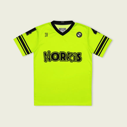 A neon green and black football jersey with Lando Norris's McLaren F1 racing number 4 on the back and front in black. It has the name Norris in black on the front and back as well.