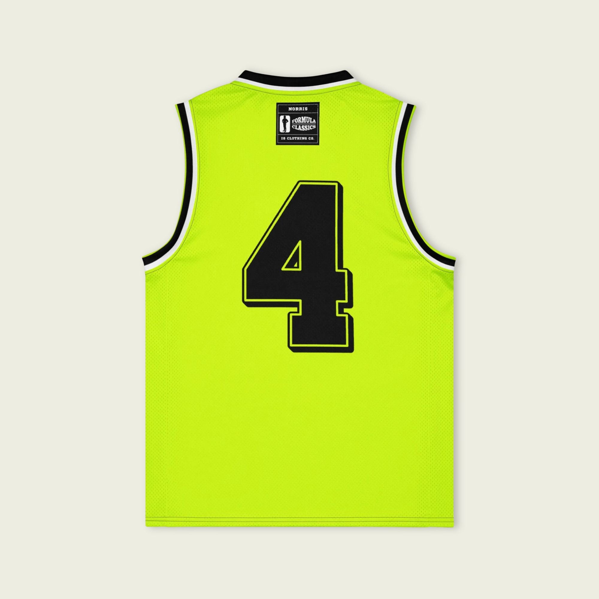 A neon green and black basketball Jersey with Lando Norris's McLaren F1 racing number 4 in balc and white on the back.