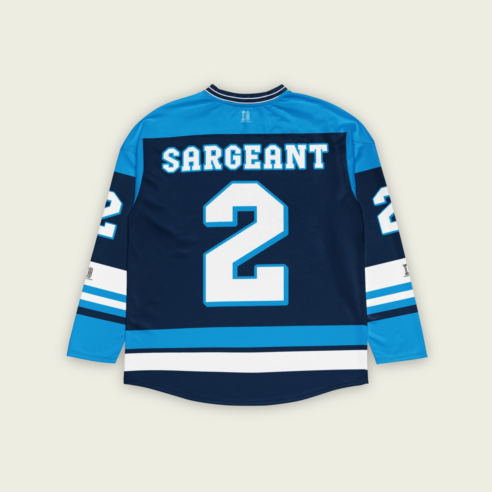 A blue hockey jersey with Logan Sargeant's Williams racing number 2 on the front and back in white, also the name Sargeant on the back and front in White