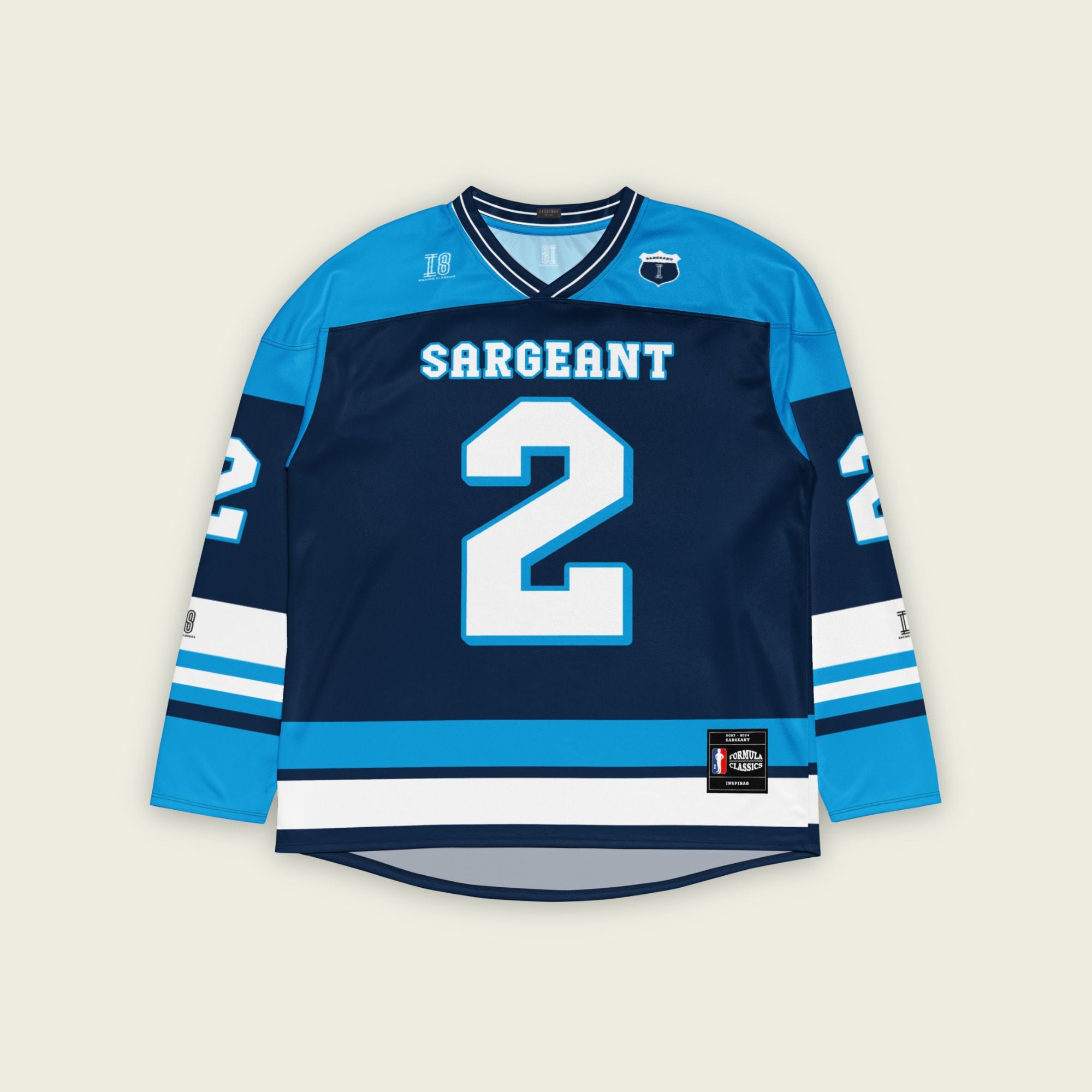 A blue hockey jersey with Logan Sargeant's Williams racing number 2 on the front and back in white, also the name Sargeant on the back and front in White