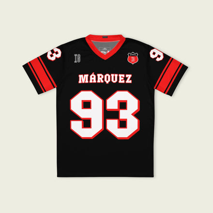 A black and red football jersey with Marc Márquez Moto GP racing number 93 in white with a red outline.
