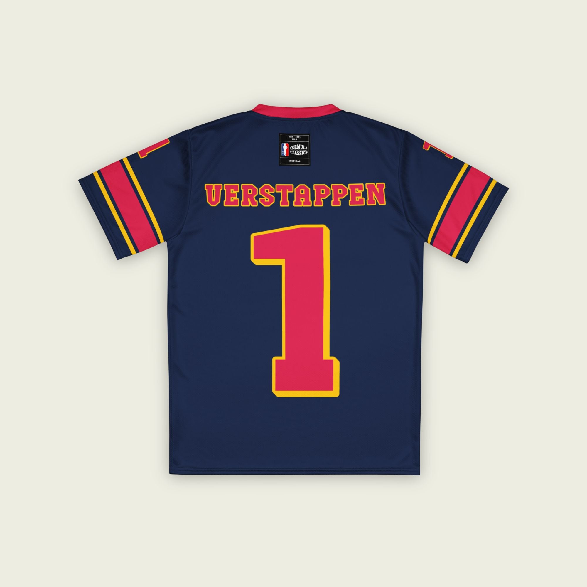 A navy blue and red football jersey with  Max Verstappen's Redbull F1 racing number 1 on the front and back.