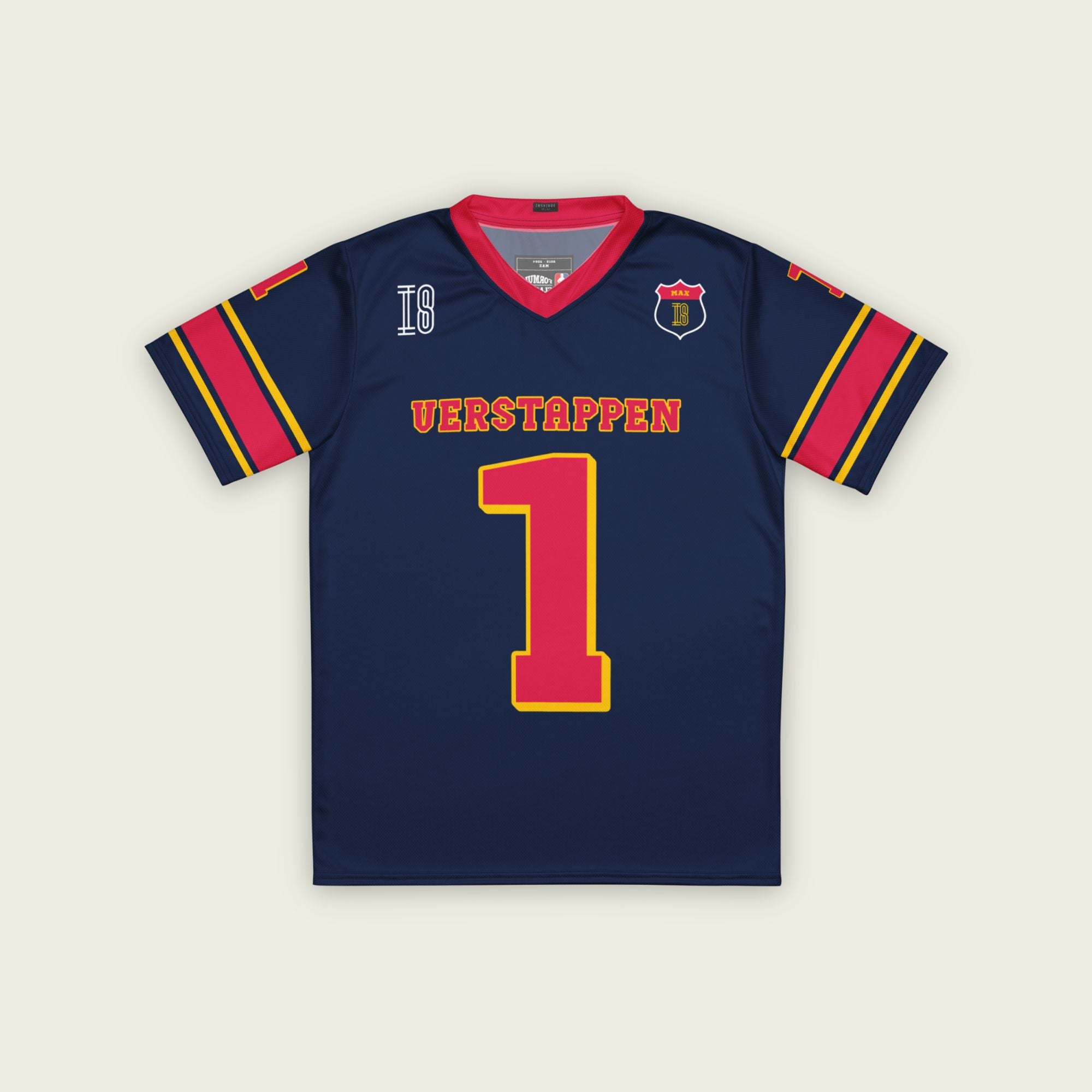 A navy blue and red football jersey with  Max Verstappen's Redbull F1 racing number 1 on the front and back.