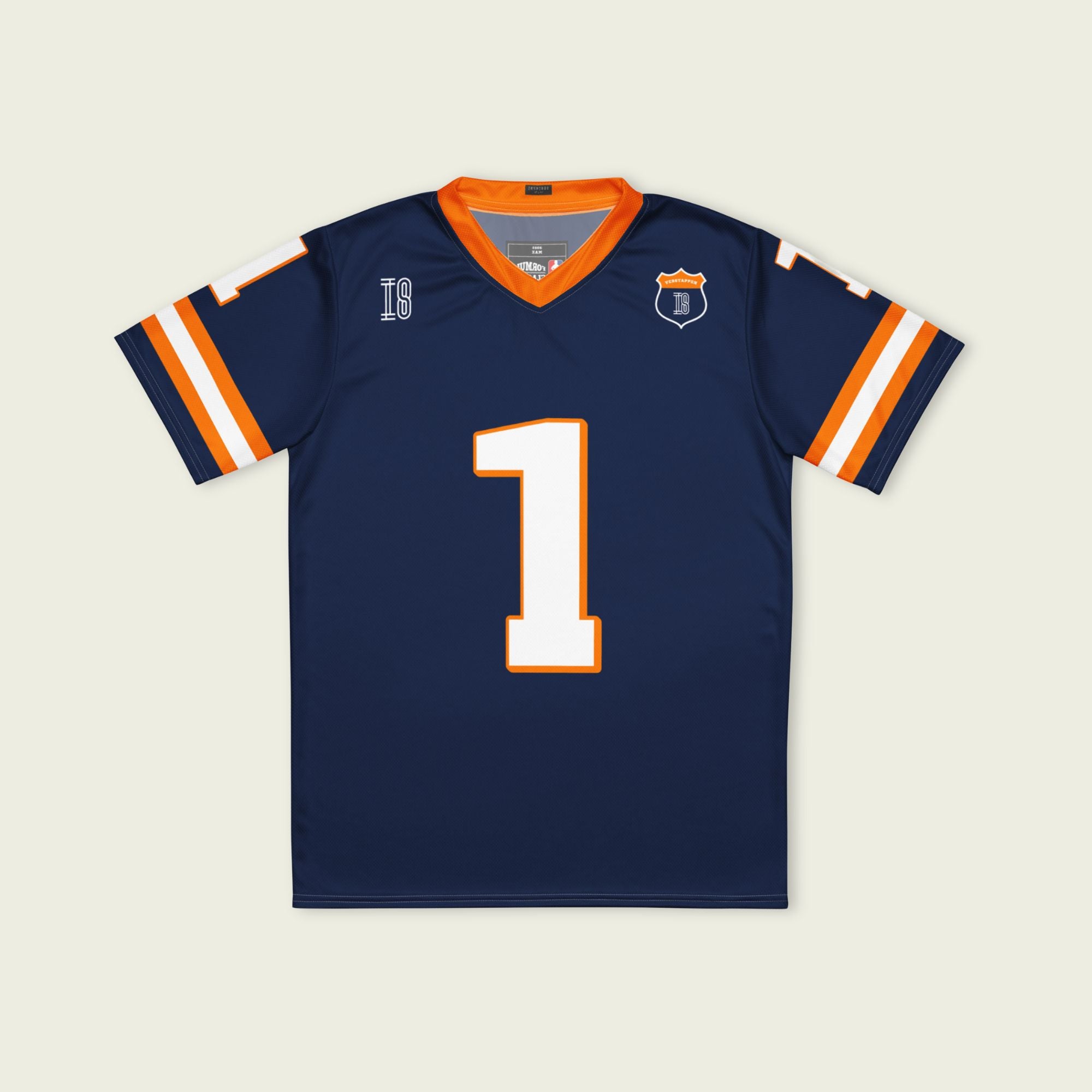 A Navy, orange and white football jersey with Mac Verstappen's Redbull F1 Racing number 1 on the front and back.