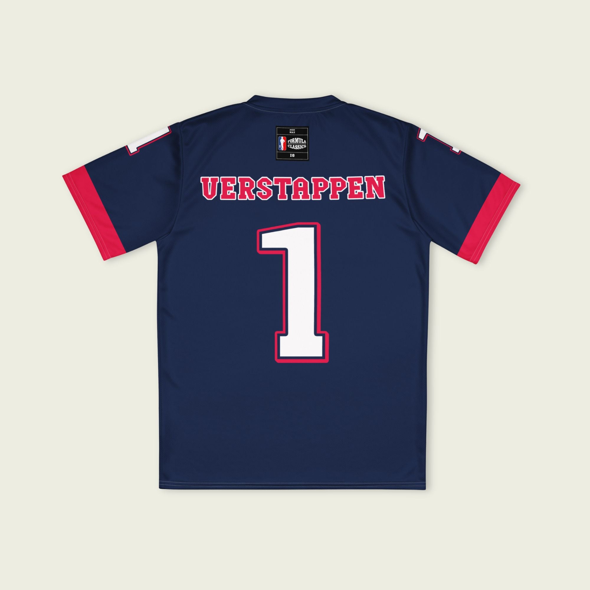 A navy blue and red football jersey with Max Verstappen's Redbull  F1 racing number 1 on the back and front in white. It has the name Verstappen in white on the front and back as well.