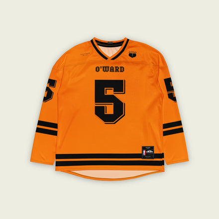 A papaya orange hockey jersey with black stripes. It has Pato O'Wards indycar racing number 5 and the name O'Ward on the front and back in black.
