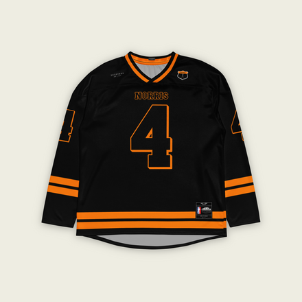 A black hockey jersey with Lando Norris's last name and McLaren F1 racing number 4 on the front and back in orange.