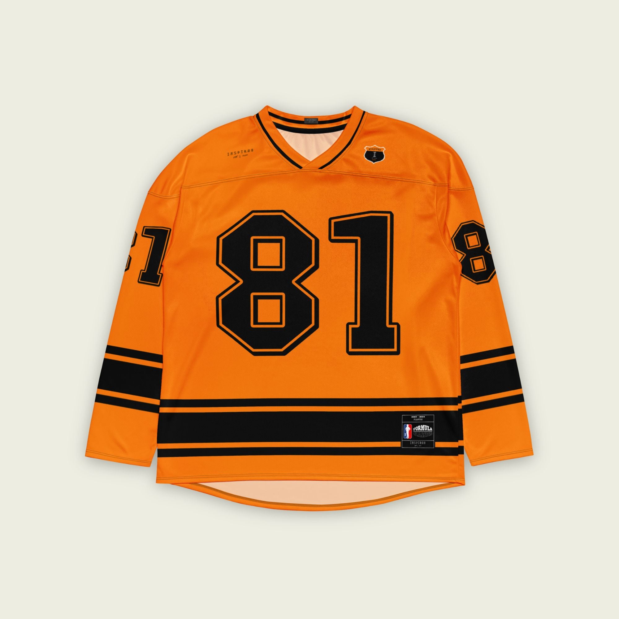 A papaya orange hockey jersey with Oscars piastri's McLaren F1 racing number 81 on the front and back in black, also the name Piastri is on the back in black.