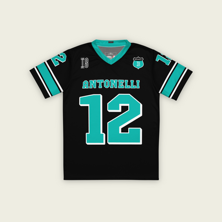 A black an turqoise colored football jersey with Kimi Antonelli's Mercedes F1 racing number 12 on the front and back