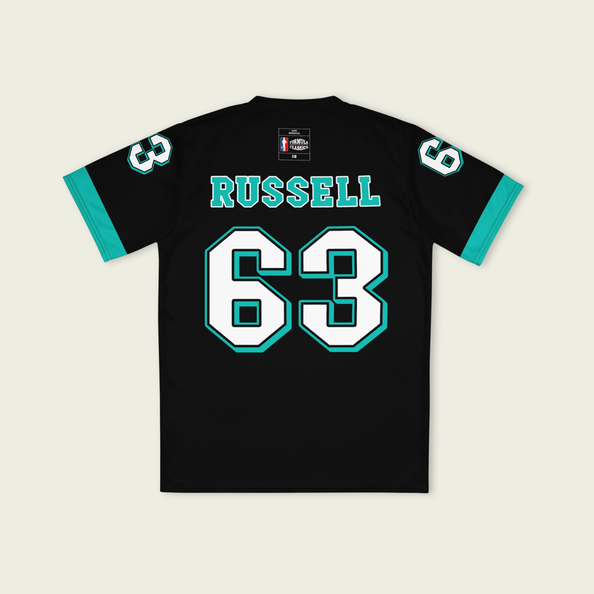 A black and AMG Green football jersey with George Russell's Mercedes F1 racing number 63 on the back and front in white. It has the name Russell in green on the front and back as well.