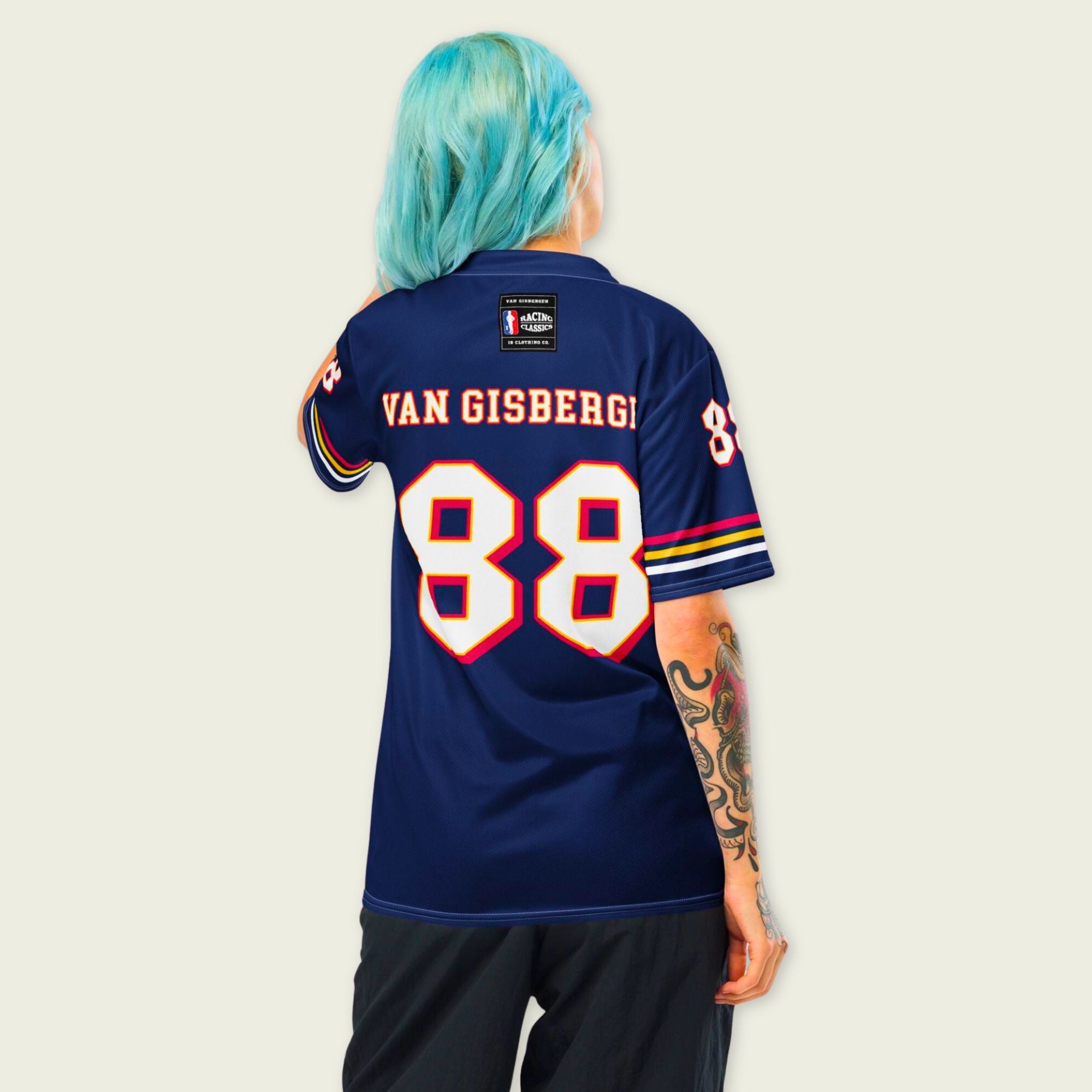 Person wearing a blue sports jersey with 'Van Gisbergen' and number '88' on a light gray background