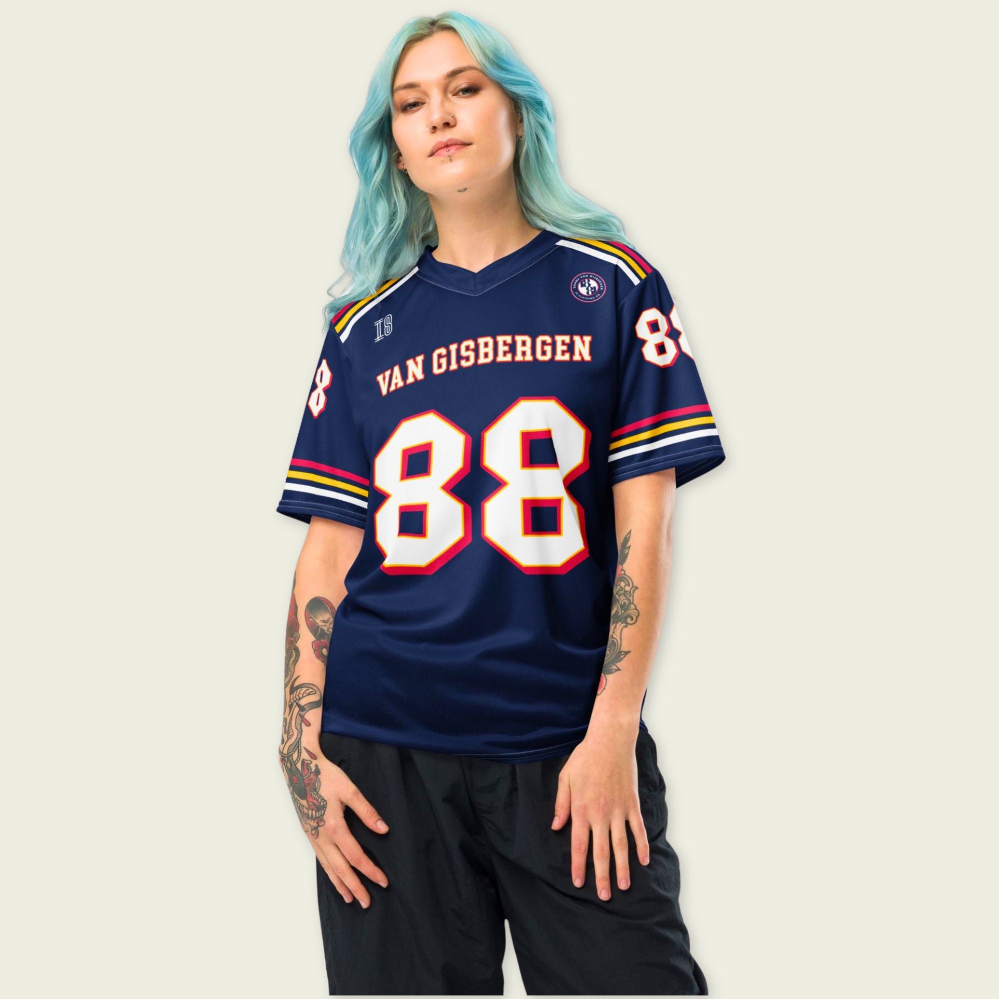 Person wearing a navy blue sports jersey with 'Van Gisbergen' and number '88' on a plain background