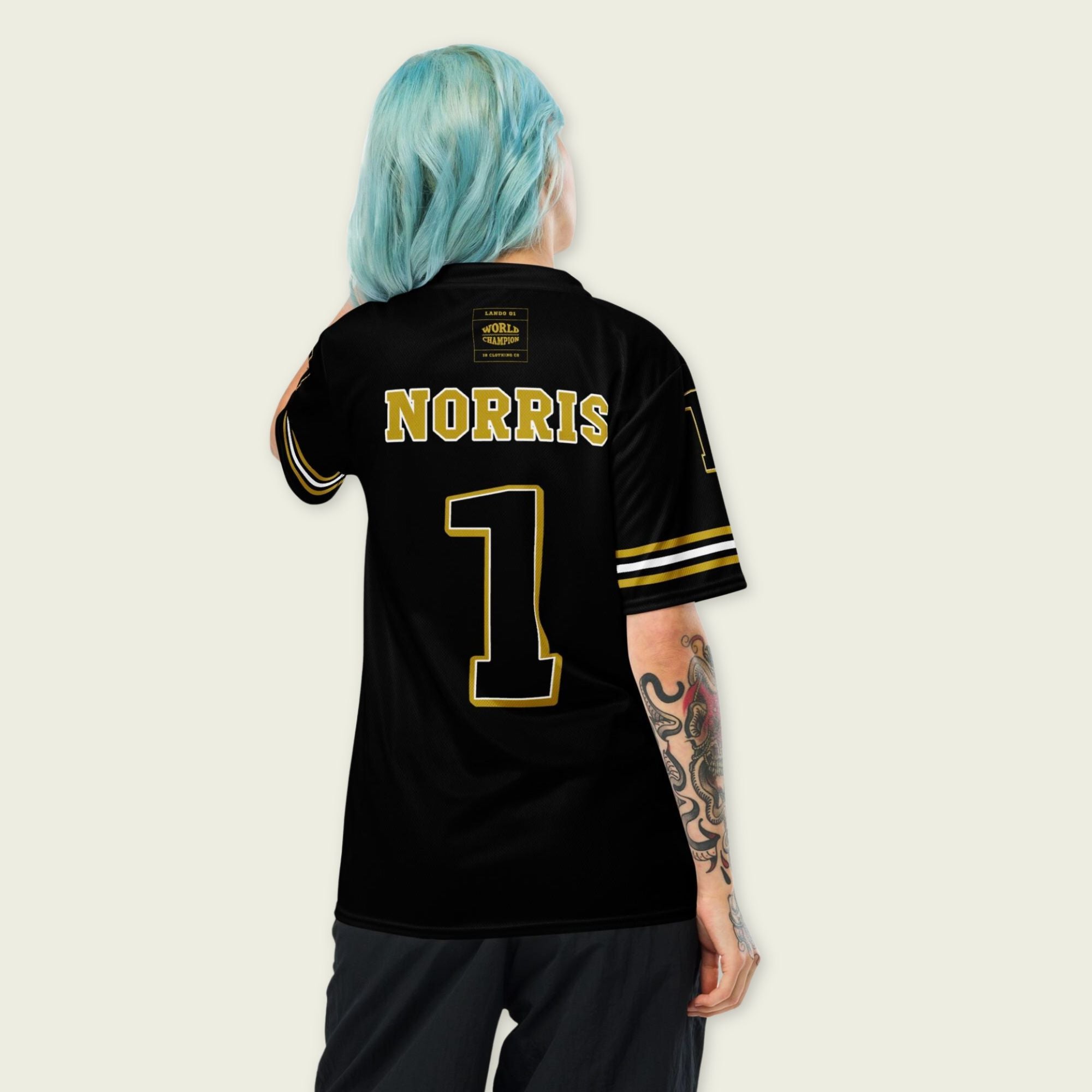 Person wearing a black sports jersey with 'Norris' and number '1' on the back.