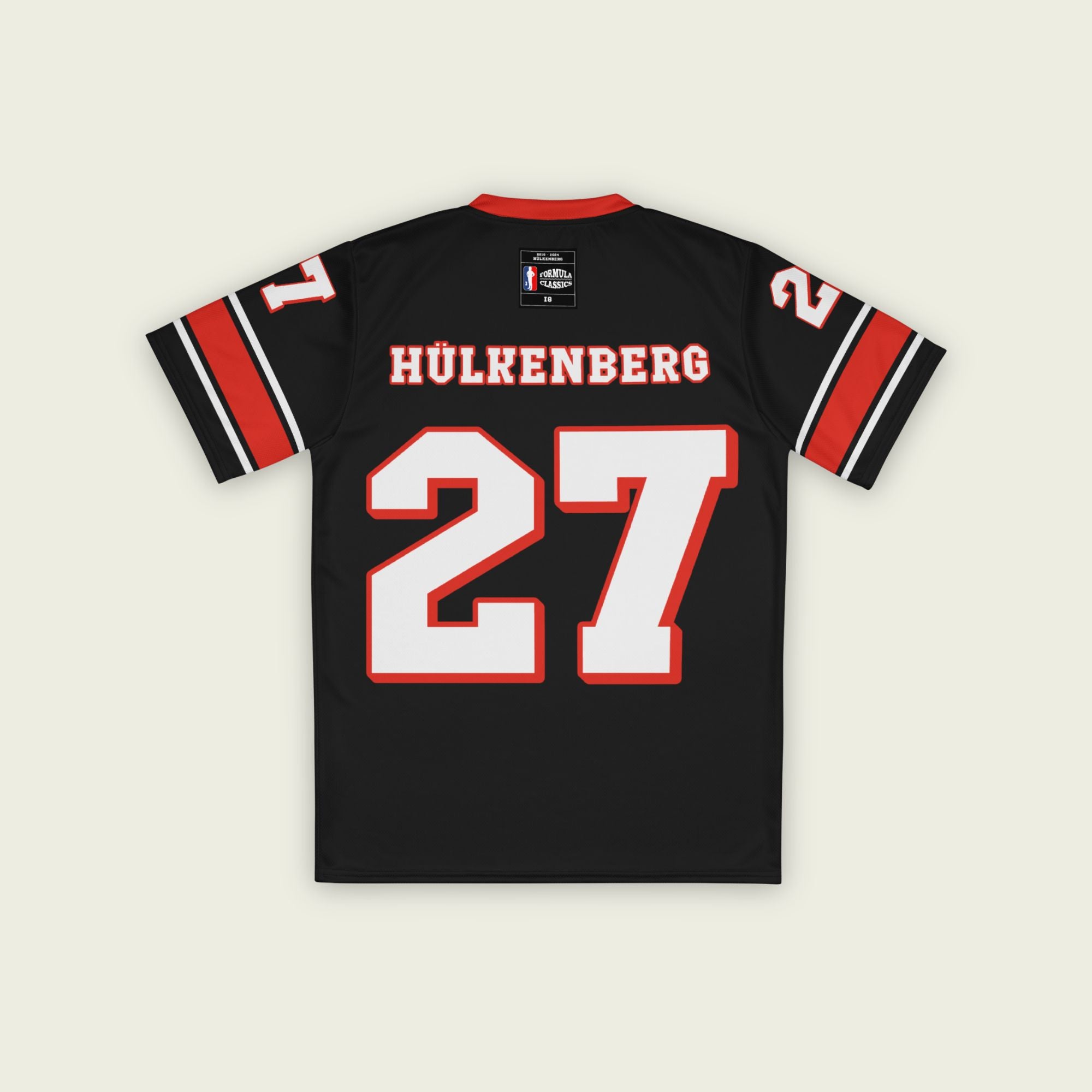 A black and red football jersey with Nico Hulkenberg Haas F1 raacing number 27 in white on the front and back.