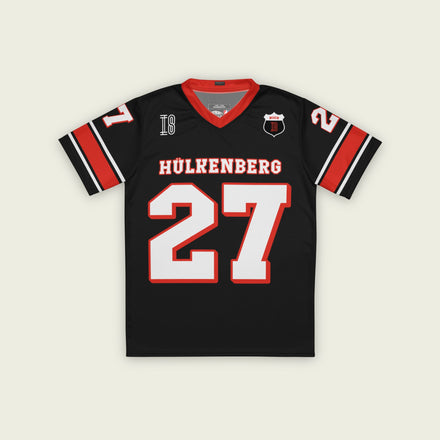 A black and red football jersey with Nico Hulkenberg Haas F1 raacing number 27 in white on the front and back.