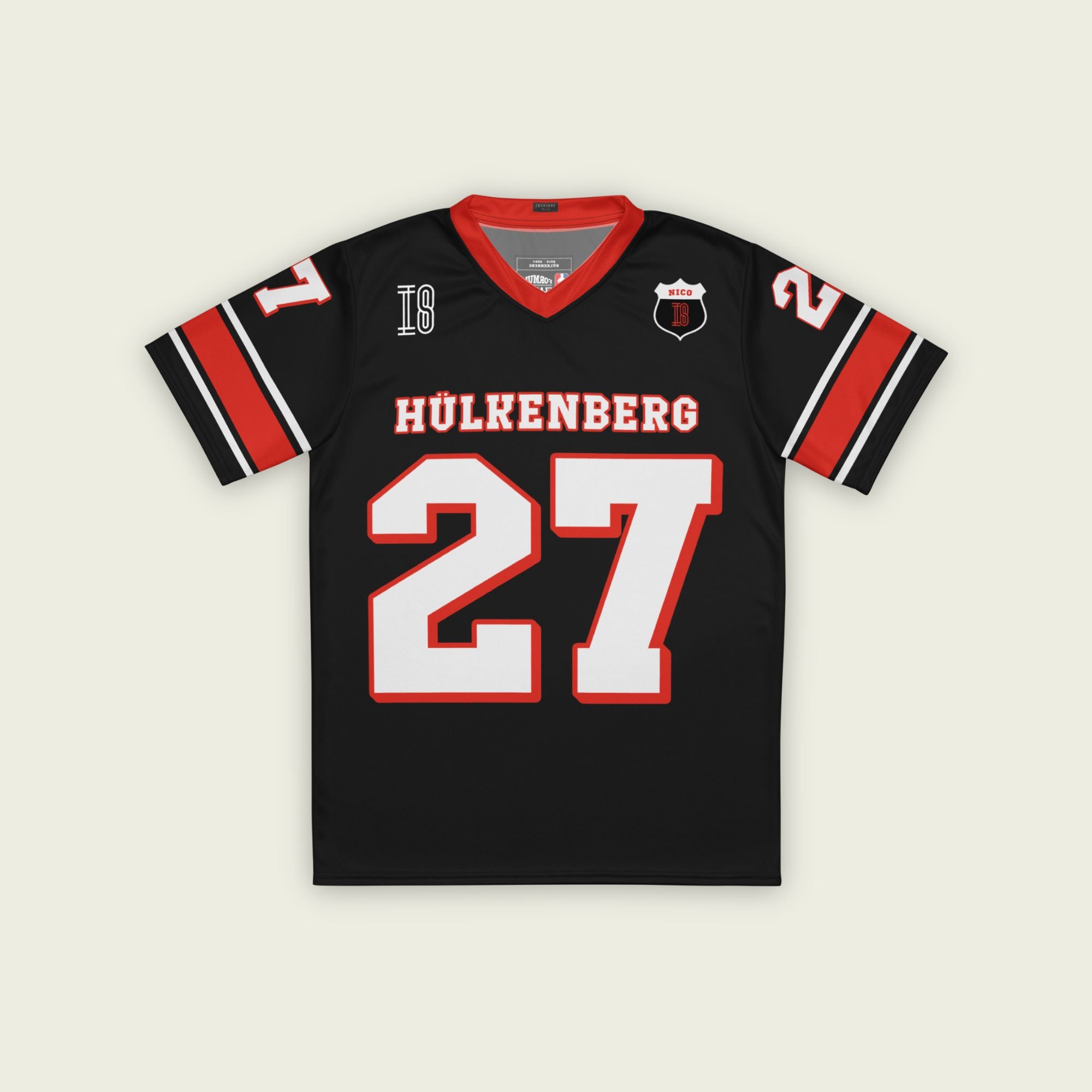 A black and red football jersey with Nico Hulkenberg Haas F1 raacing number 27 in white on the front and back.